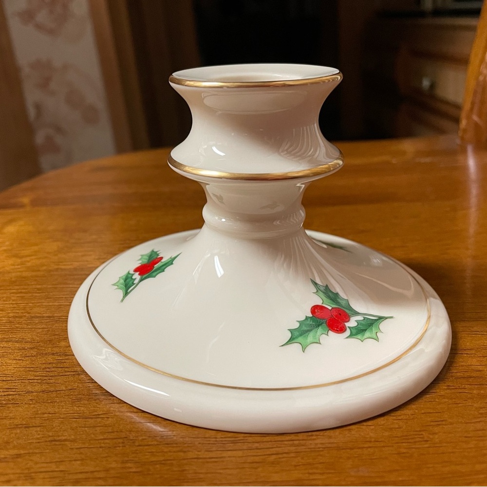 VINTAGE Pickard China Single Candlestick Holder - Christmas Holly w/Gold Edge